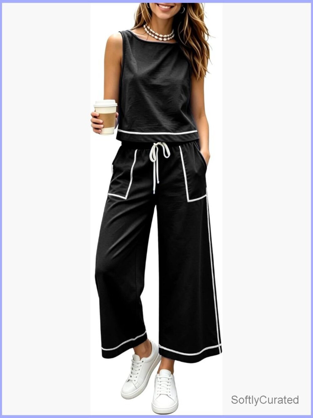 Women's Two Piece Lounge Set Boat Neck Top Wide Leg Pants Travel